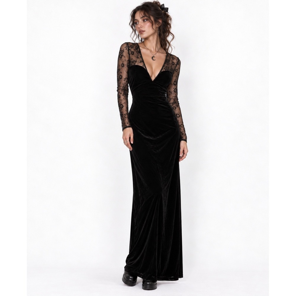 Vintage Whimsygoth Black Lace Velvet Maxi Dress Large Mesh Dark Romantic Witchy